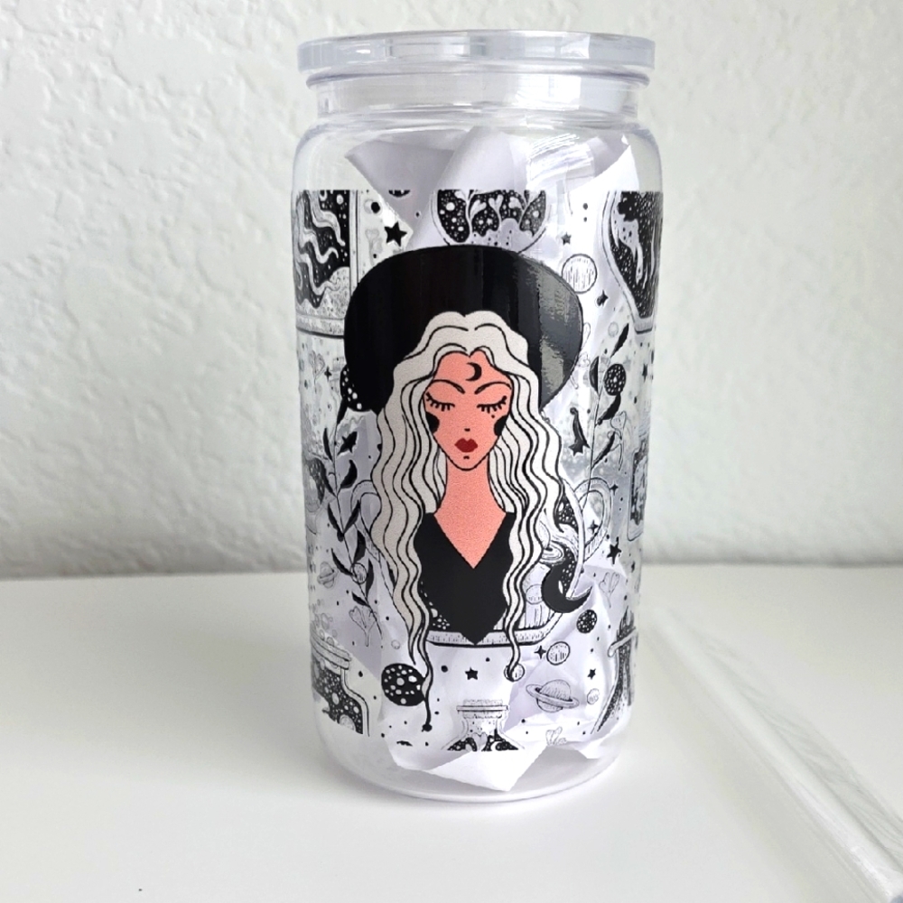 Black and White Illustrated  Witchy Halloween Acrylic Tumbler 16oz